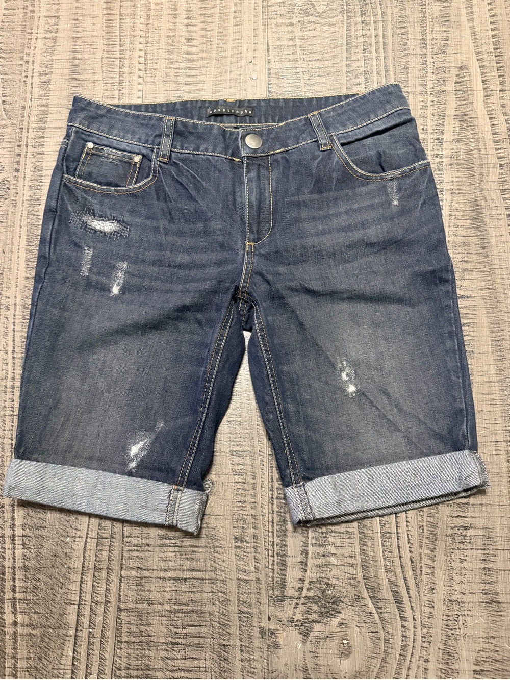 Apostrophe Dark Blue Distressed Cuffed Denim Bermuda Shorts